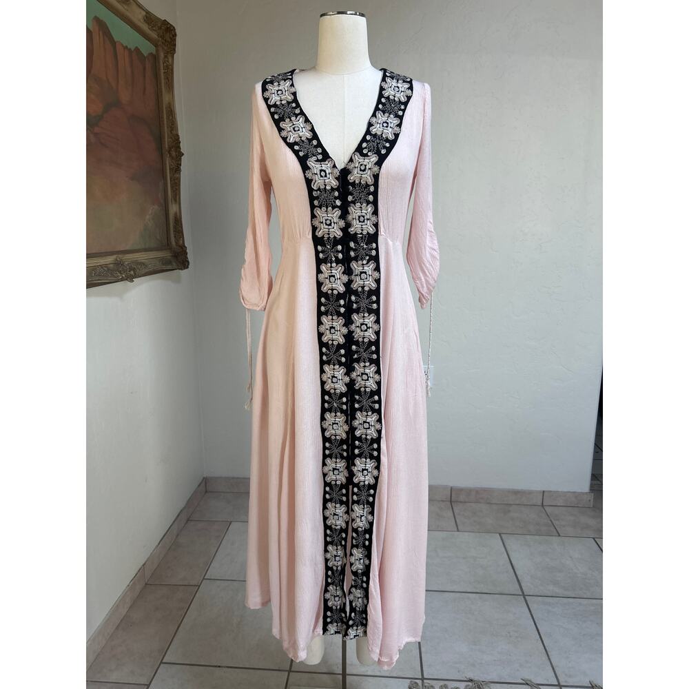 Free People Button Front Embroidered Boho Maxi Dress Prairie Pink Women 8